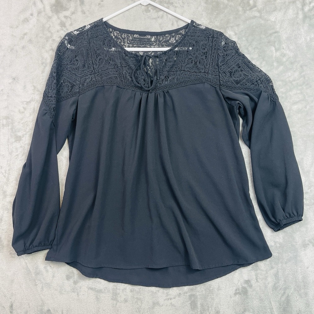 Roz Ali Shirt Peasant Blouse Women Large Long Sleeve Lace Shoulders Solid Black